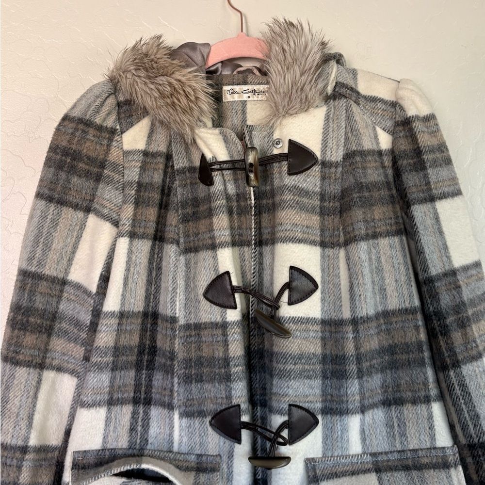 ASOS Miss Selfridge Gray Plaid Pea Coat with Faux Fur Trim Hood Size 8 - Picture 2 of 5